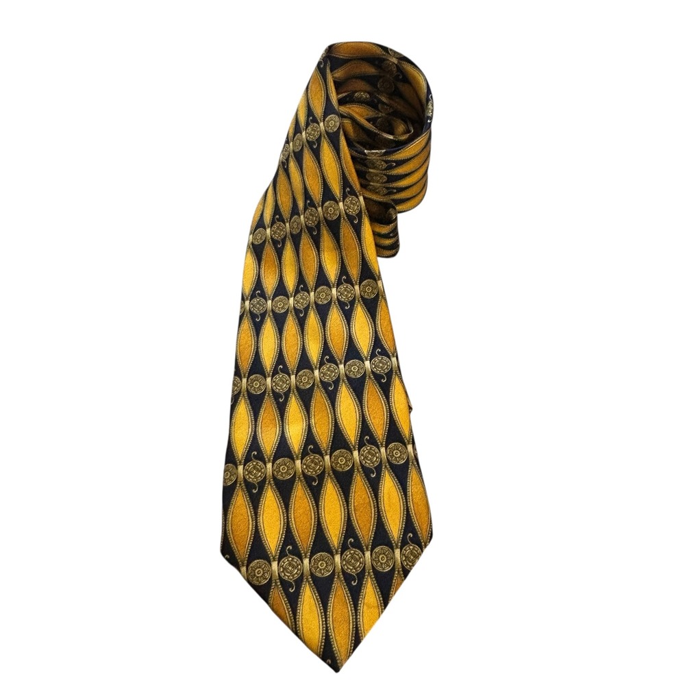 LANVIN‎ Paris Men's Necktie Gold & Navy Patterned Silk Tie Made in France